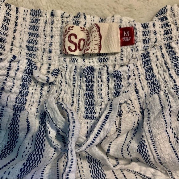 SO Linen Pants Medium White Blue Striped Smocked Waistband Ties Pockets - Picture 8 of 13